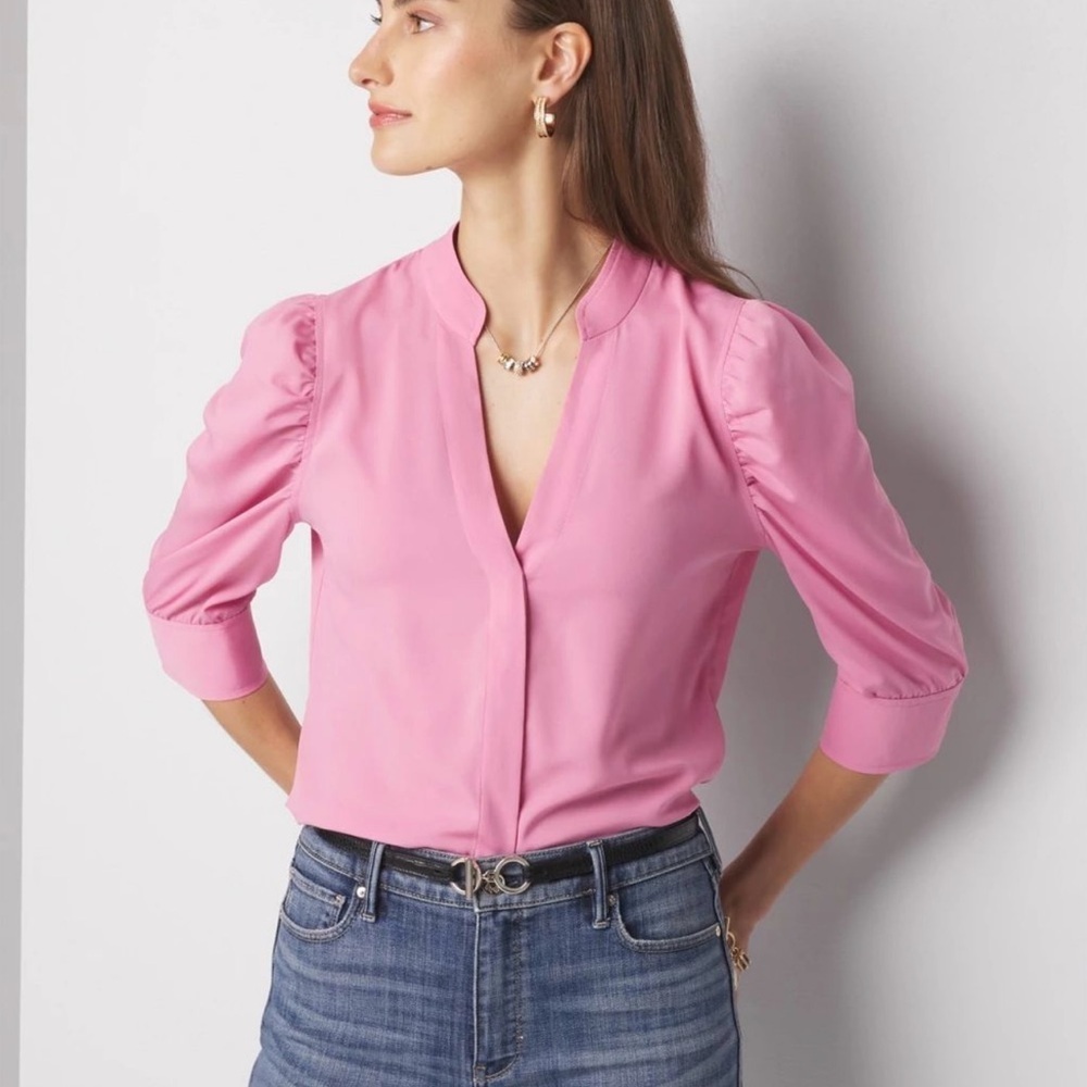 White House Black Market Pink Fitted Puff Sleeve Blouse